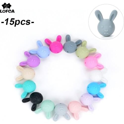 LOFCA 15pcs/lot Rabbit Teething Beads Silicone BPA Free Baby Teethers Bunnies Silicone Beads Animal For Necklace Dental Care