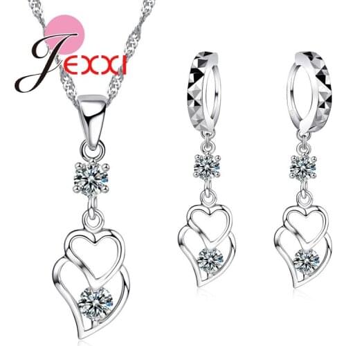 925 Sterling Silver Hollow Heart Necklace Wedding Jewelry Sets Drop Piercing Earrings Cubic Zircon Brincos Bijoux