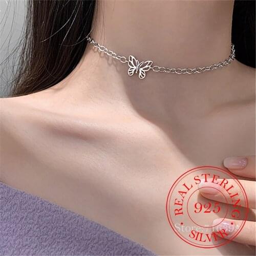 Punk Design 925 Sterling Silver Butterfly Charm Necklace For Women choker collares Wedding Party Jewelry Gift
