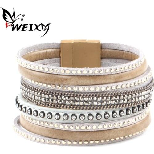 WEIXY Wrap Multilayer Charm Leather Bracelets With Magnetic Clasp Rhinestone Fashion Women Bangle Jewelry Female Accessories