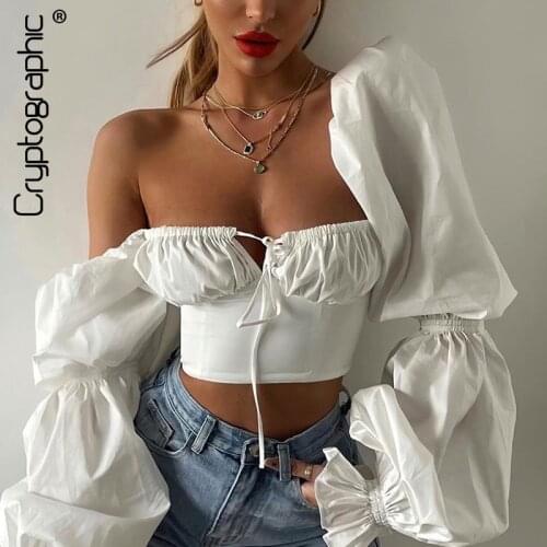 Cryptographic Elegant Square Collar Puff Sleeve Vintage Top and Blouses Women Summer Shirts Cropped Short Tie Front Tops Clothes