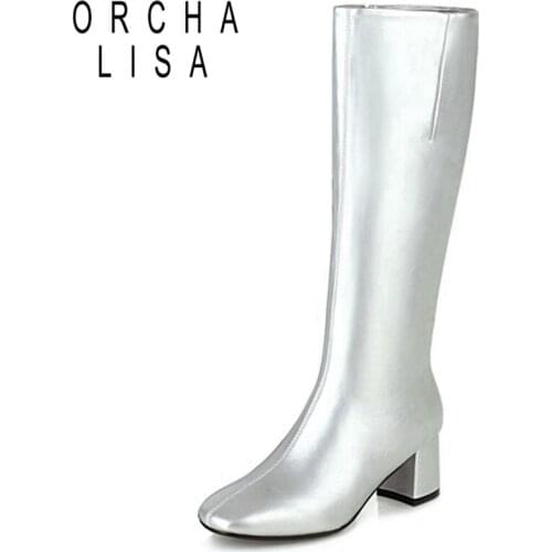 ORCHALISA 2021 Ladies Knee High Boots Sexy Zip Short Plush Square Toe 6CM Block Heel Size 31-49 Black Silver Apricot Brown A4438