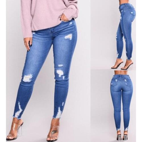 Women Plus Size Waist Skinny Jeans 2021 New Solid Irregular Ribbed Holes Pencil Pant Stretch Slim Trouser S-3XL