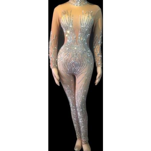 Sexy Bar Nightclub DJ Singer Dance Costume Pole Dance Performance Stage Bodysuit Lady Elastic Rhinestones Skinny Jumpsuit Women