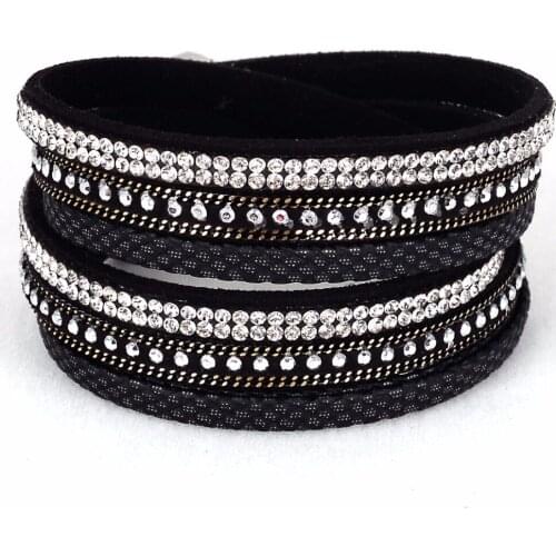 Miasol Full Pave Crystal Rhinestone Metal Chain Double Wrap Leather Bracelet For Women Fashion Bracelet Jewelry Gift