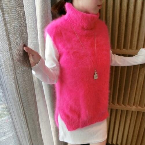 Knitted Women 100% Natural Mink Cashmere Sweater Vest Turtleneck Real Pure Mink Cashmere Gilet tbsr292