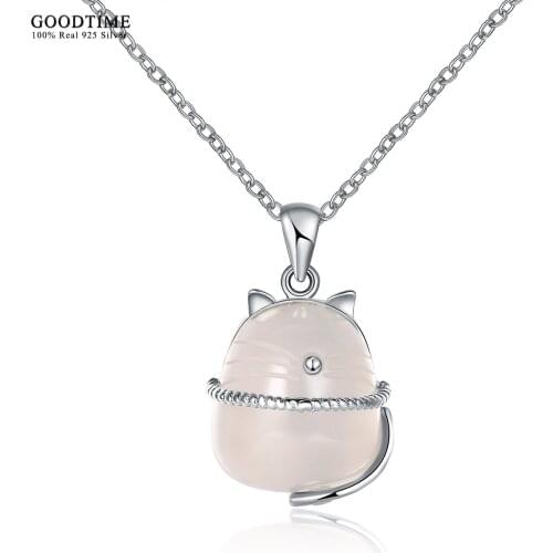 Silver 925 Pendant Necklaces For Women Fine Jewelry Pink Moonstone Cat Animal Shape For Party Jewelry Valentines Day Gifts N0387