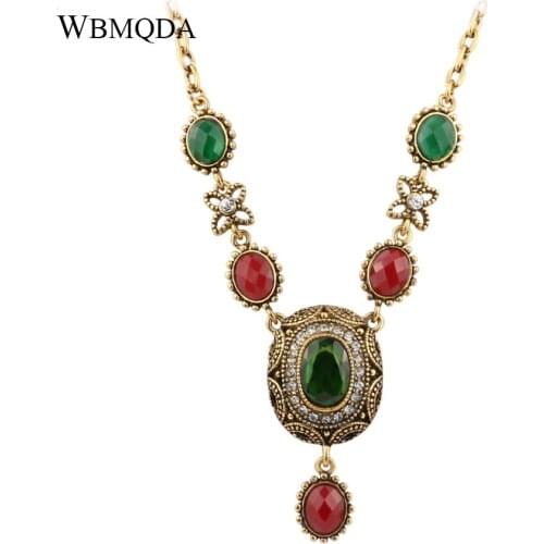 Hot 2018 Fashion Vintage Green Gem Statement Necklace For Women Oval Gold Color Turkey Jewelry