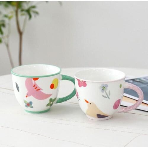 Cartoon painted bird breakfast cup with handle cute household ceramic water cup female milk cup