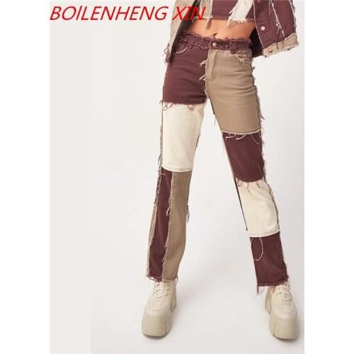 Womens Fashion Jeans High Waist Denim Trousers Straight Leg Jeanss Sexy Indie Folk Color Block Vintage Blue Brown Streetwear