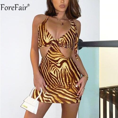 Forefair Bandage Bodycon Green Women Dresses Summer Halter Hollow Out Sleeveless Backless Printed Mini Sexy Party Dress Y2k 2021