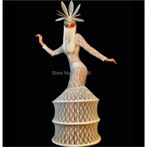 Tassel Masked Headdress White Lace Perspective Dress Nightclub Party Women Singer Stage Costume
