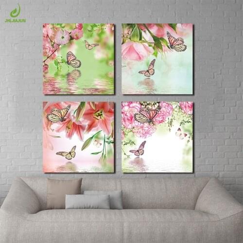 JHLJIAJUN 4 Piece Modern Pink Butterfly Painting Nordic Canvas Module Picture Decor Nordic Bedroom Living Room Home Decor Poster