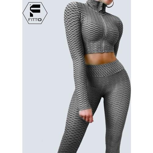 2 Pcs Yoga Sets Zipper Crop Top Push Up Leggings Sexy Two Pieces Matching Set Long Sleeve Tight Fit Skinny Gym Workout Clothing