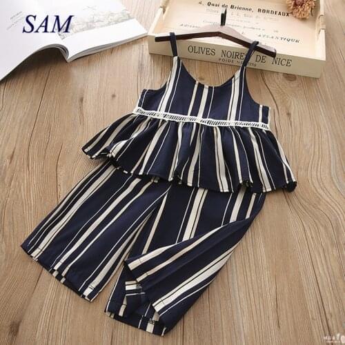 2020 Girls Clothing Sets Summer Fashion girls sleeveless Splicing V-neck T-shirt+Striped pants 2Pcs Girls Clothes