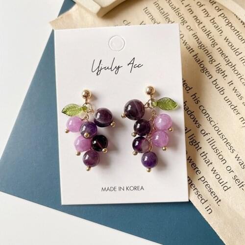 Korean Purple Grape Earrings Retro Fresh Summer No Pierced Clip on Earrings for Woman Sweet Temperament Female Gift Jewelry