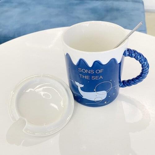 Microwave Cartoon Mug with Lid Spoon Ins 301-400ml Humpback Whales Polar Bear Penguin Animal Simple Ceramic Cup Creative Female