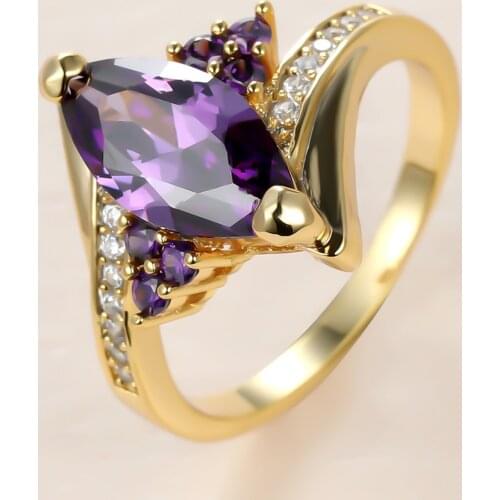 Trendy Female Purple Crystal Stone Ring Charm Gold Color Thin Wedding Rings For Women Luxury Leaf Zircon Engagement Ring