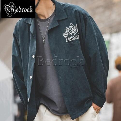 Vintage mens shirt Cuban collar peach skin embroidery bowling shirt old sanded dark green shirt men