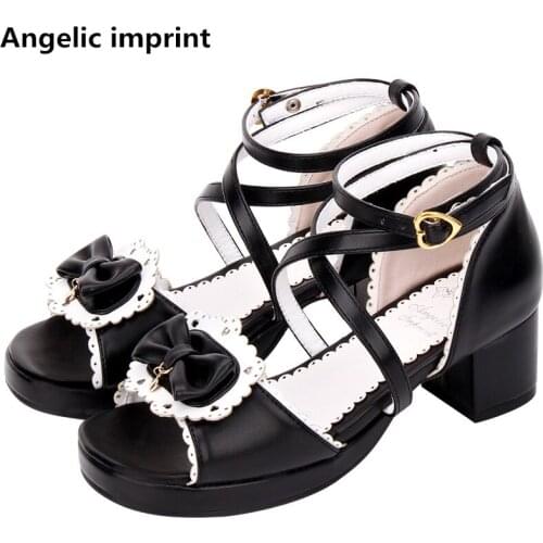 Angelic imprint new woman mori girl lolita cosplay shoes lady mid heels pumps women princess summer dress sandals bowties 33-47