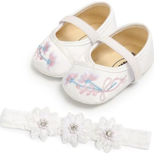 Floral Pattern Baby Girl Shoes Flower Headwear Embroidery Baby Girls Princess Shoes with Lace Headband Baby Shoes