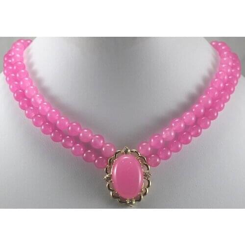 Wholesale 2rows pink Natural Stone bead necklace with 13*16mm pendant necklace