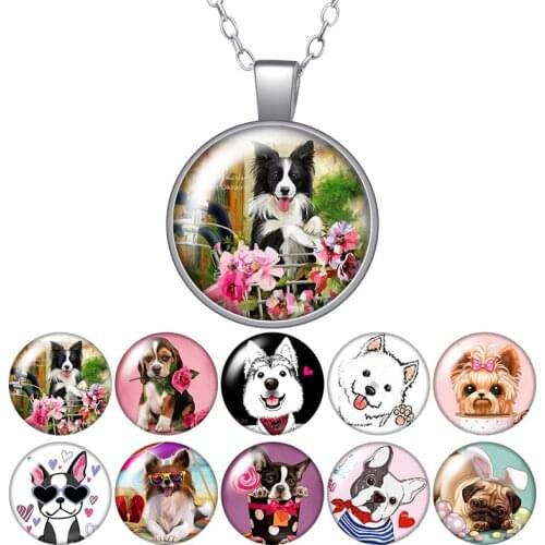 New Fashion Cartoon Lovely Dogs Love Pets Photo Pendant Necklace 25mm Glass Cabochon Women Girl Jewelry Birthday Gift 50cm