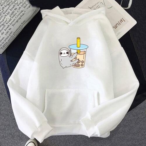 Sloth and Boba Printed Pullovers 2021 New Kawaii Women Hoodies Bubble Tea Graphic Sweatshirts Cute Cartoon Female Hooded Clothes