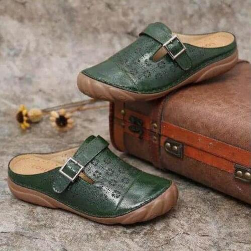 2021 Summer Women Premium Orthopedic Open Toe Sandals Buckle Anti-slip Breathable Leather Casual Female Platform Retro Shoes