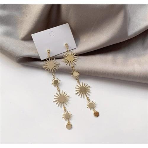 Punk Metal Sun Disc Stitching Long Tassel Drop Earrings Korean Cute Star Petal Pendent Earrings for Women Girls Ear Jewelry Gift