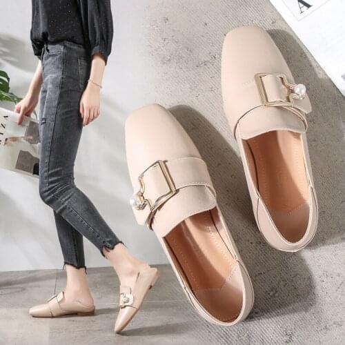 Pearl buckle leather shoes women fresh flats single shoes lazy slip on two wears moccasins big size 34-41 creepers mujer flats