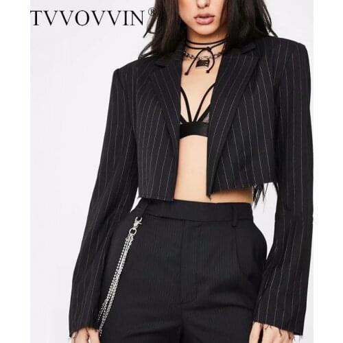 TVVOVVIN 2020 Autumn Winter New Fashion Women Notch Lapels Crop jacket In Stripe Tops Coat V08J
