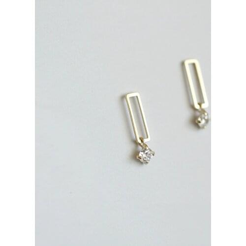 9k Solid Gold Unique Rectangle Plate Bar Dangle Drop Crystal Stud Earring Minimal Simple Dainty Style