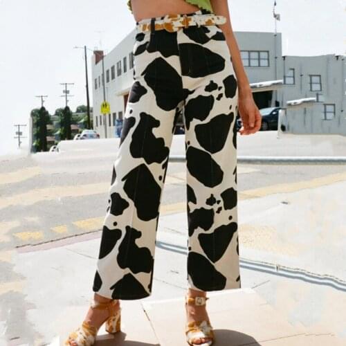 Cow Print Y2K Women Pants Streetwear Female High Waist Casual Straight Jeans Womens Trousers Black White Long Women Summer Pants