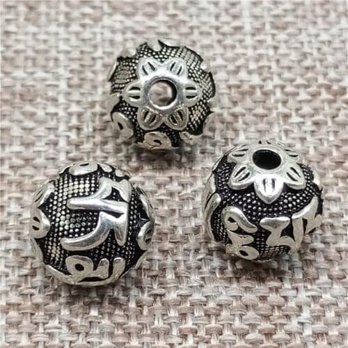 925 Sterling Silver Om mani padme hum Round Ball Beads 10mm 12mm 14mm 16mm for Bracelet Necklace