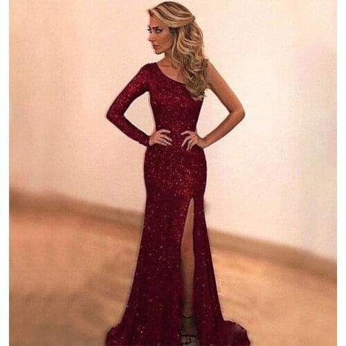 Prom Dress Sequin Side Split One Shoulder Floor Length Sexy Formal Dresses Wedding Evening Dress Dance Queen Dresses Prom Gown
