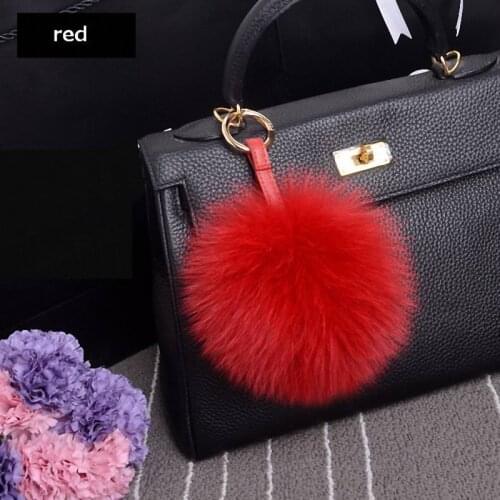 13-15cm Luxury Fluffy Real Fox Fur Ball Pom Pom Plush Size Genuine Fur Key Chain Metal Ring Pendant Bag Charm Fi-K010-red