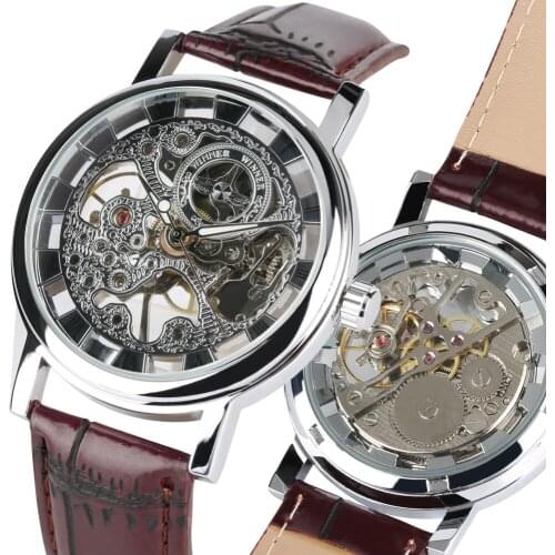 Bussiness Mens Skeleton Mechanical Watches Luxury Leather Band Mechanical Watch for Teenagers Hand-Wind Watch Mechanical for Boy