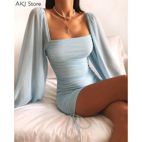 Elegant Ruched Lantern Sleeve Solid Bodycon Dress