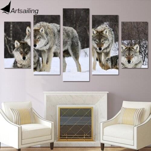 HD Printed 5 piece canvas art wolf snow wild animal painting livingroom decoration wall art Free shipping/ny-2808