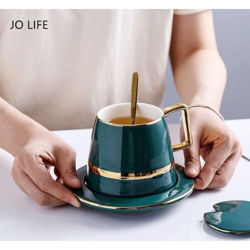 JO LIFE Home Office Nordic Simple Modern Style Gift Milk Cup 450ml Ceramic Coffee Mug with Lid and Spoon