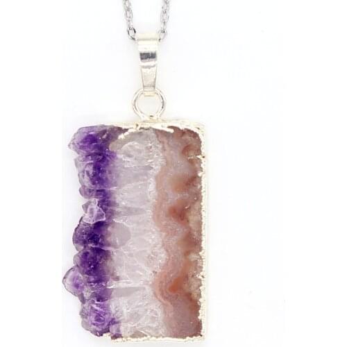 KFT Natural Irregular Shape Amethysts Crystal Quartz Cluster Stone Pendant Necklace Link Chain Jewelry
