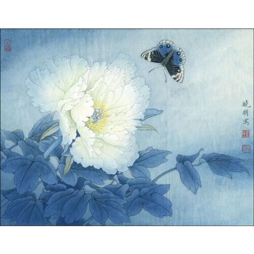 Chinese classical blue butterfly peony flower oil painting canvas printings printed on canvas home wall art decoration picture