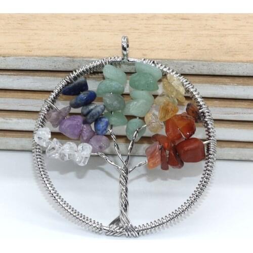 KFT Silver Plated Natural Chakra Crystal Quartz Rainbow Chakra Tree of Life Pendant Wisdom Rainbow Stone Jewelry