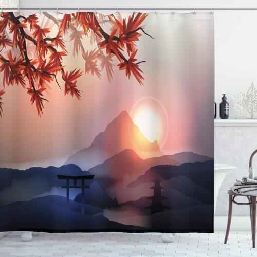 Majestic Himalayas Peaks Tops Silhouette of Sun Life Circle Culture Artwork, Cloth Fabric Bathroom Decor Set with Hooks