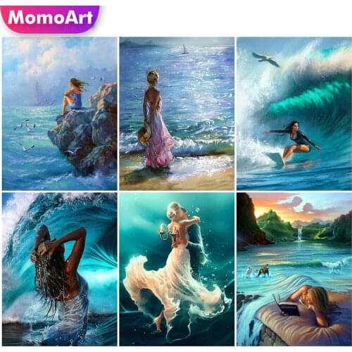 MomoArt 5D Diamond Mosaic Seaside Picture Of Rhinestone Diamond Embroidery Woman Cross Stitch Art Painting Scenery Wall Decor
