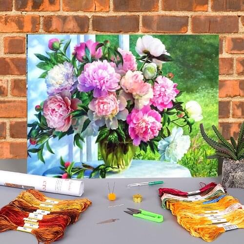 Peony Flowers House Printed 11CT Cross-Stitch DIY Embroidery Full Kit DMC Threads Craft Hobby Handmade Knitting Stamped