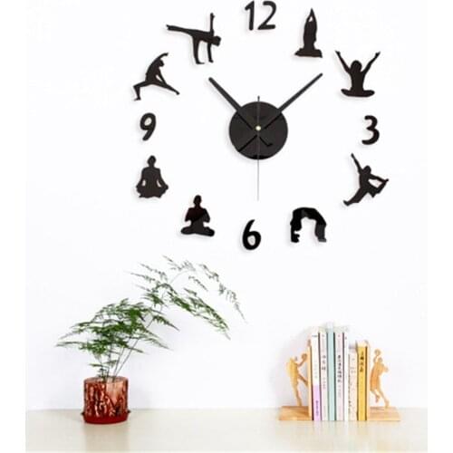 Retro Yoga Posture Wall Clock 3D DIY Minimalist Vogue Stereoscoptic Wooden Sticker Needle Quartz Wall Clocks for Home Room Decor