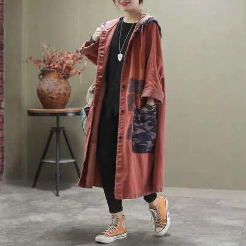 2021 Spring And Autumn New Literary Long Denim Windbreaker Ladies Retro Printing Casual Plus Size Hooded Jacket Trend e209