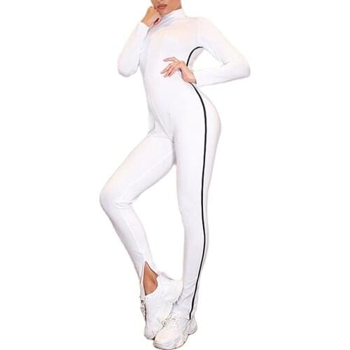 Autumn Women Sexy Jumpsuit Long Sleeve Turtle Neck Stripe Split Sport Jumpsuit Skinny Overalls Tracksuit Women